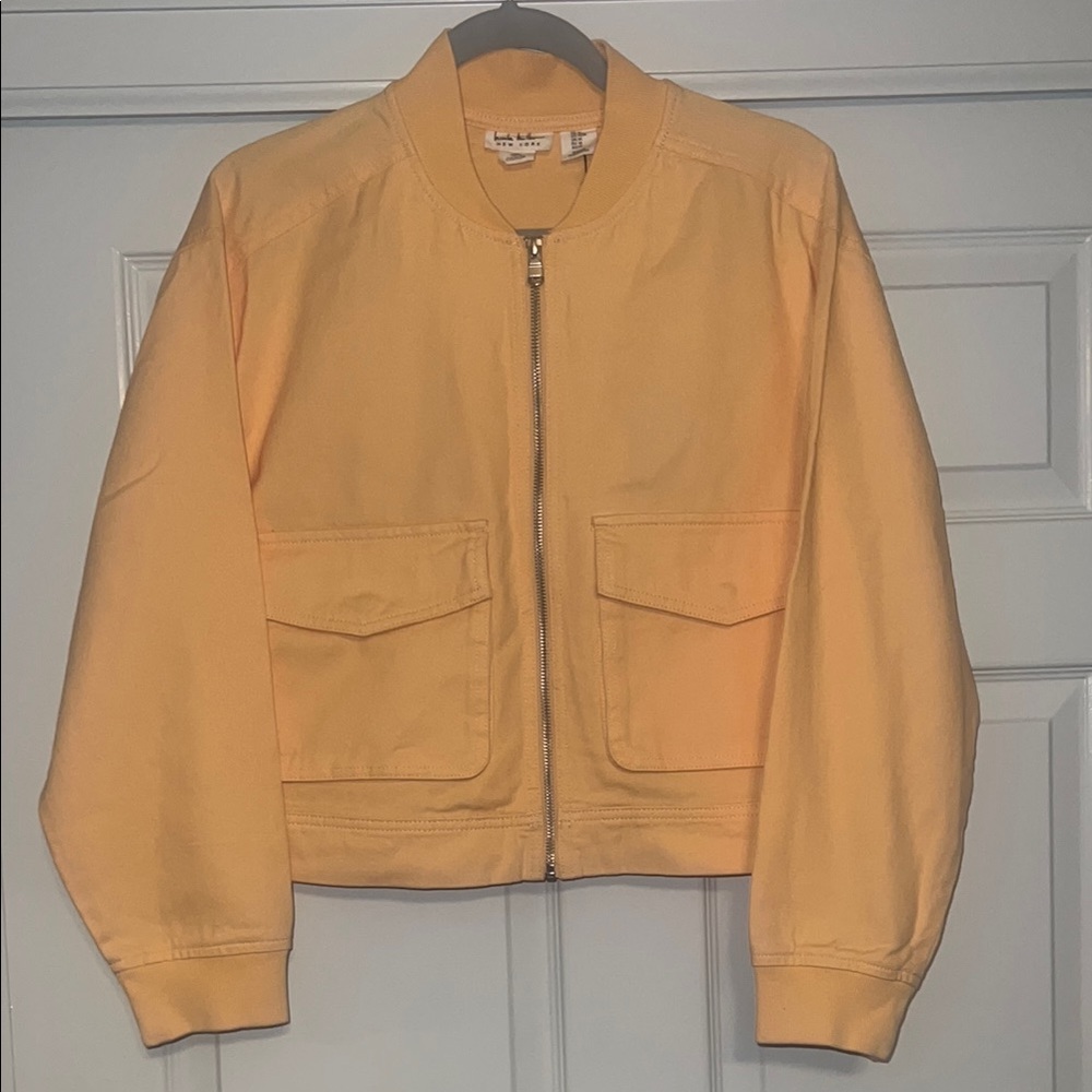NWT Nicole Miller Cropped Denim Bomber Jacket, peach/creamsicle, Sz M